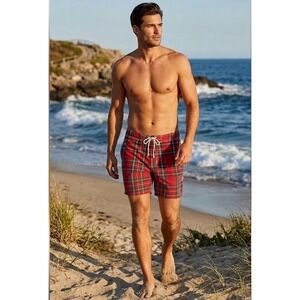 J. Crew Red Tartan Plaid Men's Swim Trunks Board Shorts Size 33 Preppy Classic